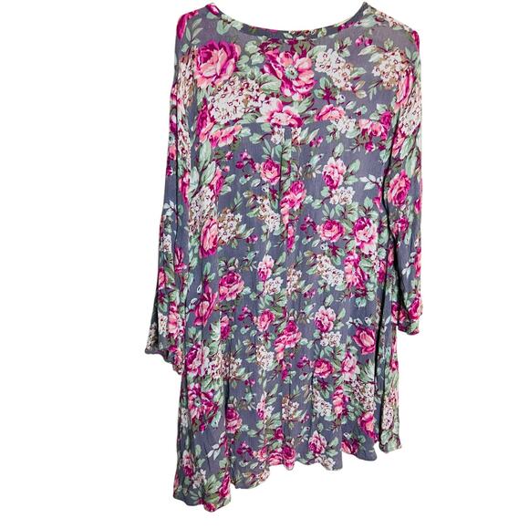 Umgee USA Pink Purple Floral Trapeze Mini Dress 3/4 Sleeve Relaxed Hippie XL - Picture 2 of 8